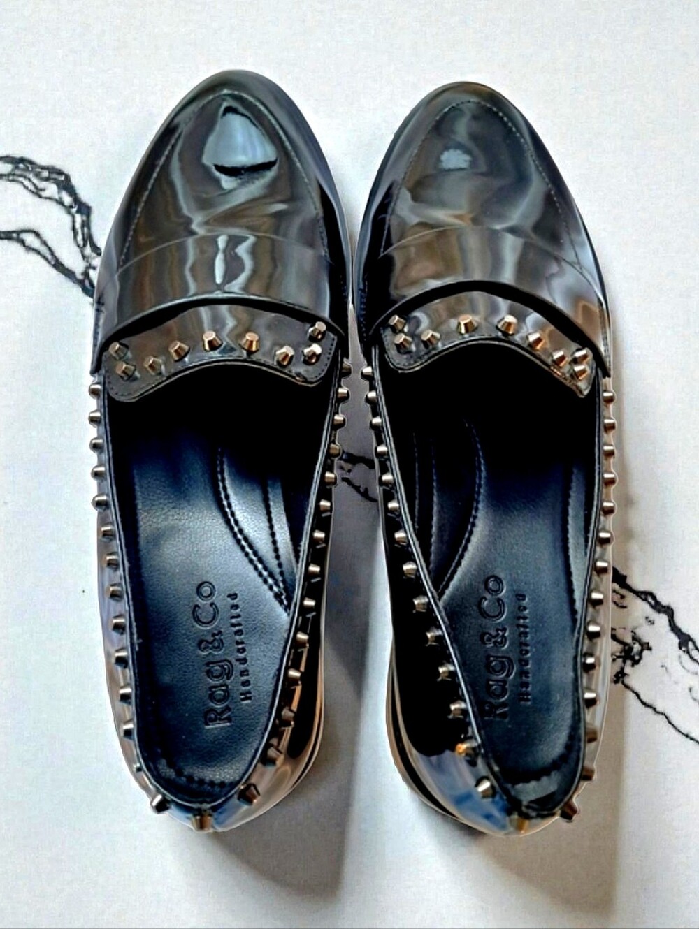 Rag & Co Emilia Women's Black Patent Leather Stud Penny Loafers Sz 9 NWOT